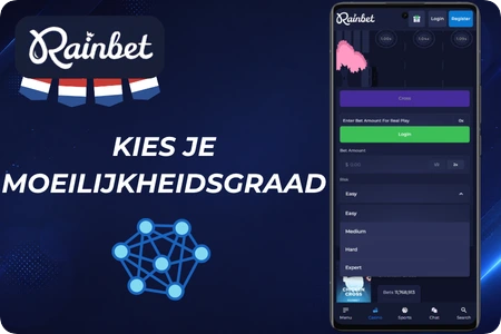 Moeilijkheidsgraad kiezen uit Easy, Medium, Hard en Expert in Chicken Cross bij Rainbet