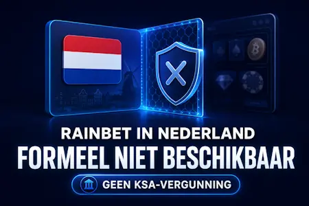 Nederlandse vlag naast geblokkeerde Rainbet-toegang zonder KSA-vergunning