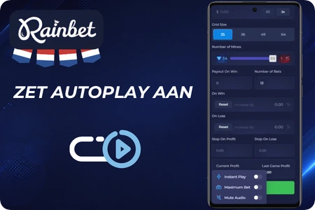 Autoplay instellingen van het spel Mines met Number of Bets en stop-limieten bij Rainbet