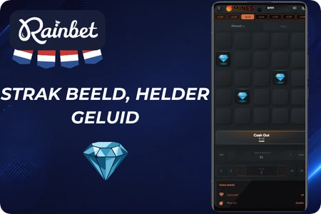 Speelveld van het spel Mines met geopende diamanten en cash-out knop bij Rainbet casino