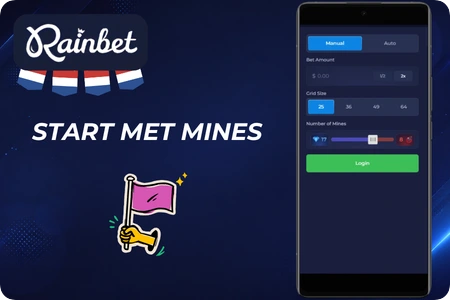 Start met het spel Mines, inzetpaneel en login bij Rainbet casino