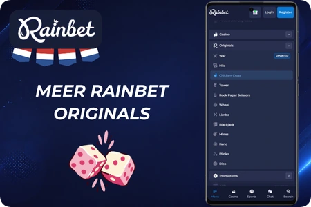 Menu met Rainbet Originals waaronder Chicken Cross, Tower, Limbo, Mines, Keno, Plinko en Dice